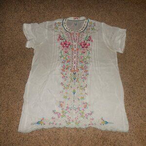 Johnny Was Light Gray Sheer Blouse Top L XL